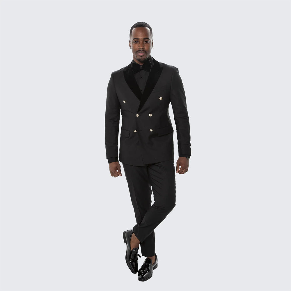 Men’s Black Double Breasted Tuxedo Suit – Luxury Formal Dinner Jacket Gold Buttons Velvet Lapel
