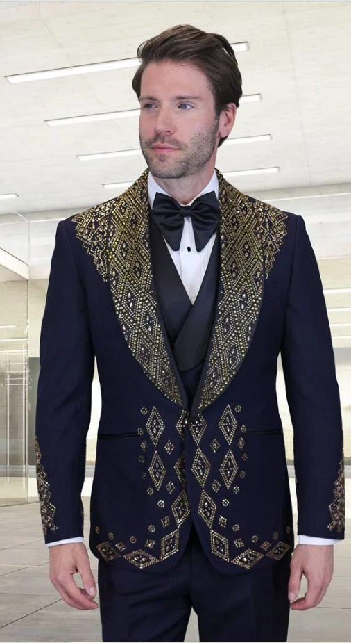 Men’s Navy Tuxedos with Gold Embroidery – Slim Fit Formal Dinner Jacket with Shawl Lapel