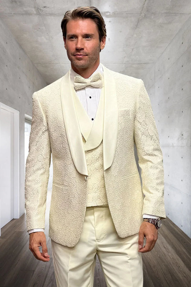 Men’s Ivory Off White Jacquard Dinner Jacket – Cream Tuxedo Blazer for Weddings & Formal Events + Bowtie included