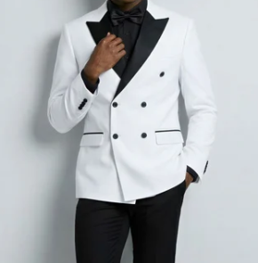 Men's White Double Breasted Tuxedo Dinner Jacket – Black Satin Peak Lapel Formal Wedding, Prom & Party Blazer