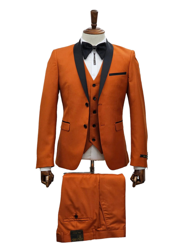 Men's Burnt Orange Tuxedo Suit – 3-Piece Slim Fit with Black Satin Shawl Lapel