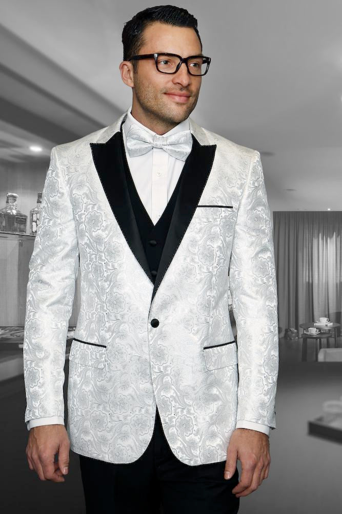 Men’s White Paisley Cowboy Tuxedo with Black Satin Lapel – Western Formal Wedding Suit Jacket