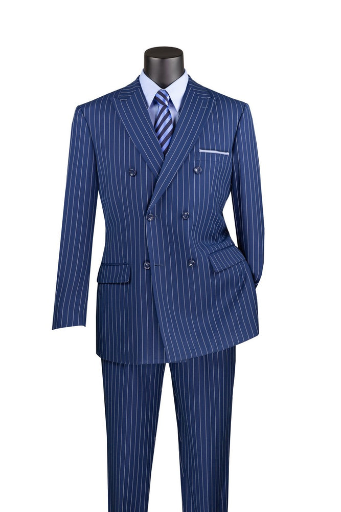 Men’s Royal Blue Pinstripe Double-Breasted Suit – 6-Button Classic Vintage Gangster Style in Indigo Cobalt Blue Pinstripe Color