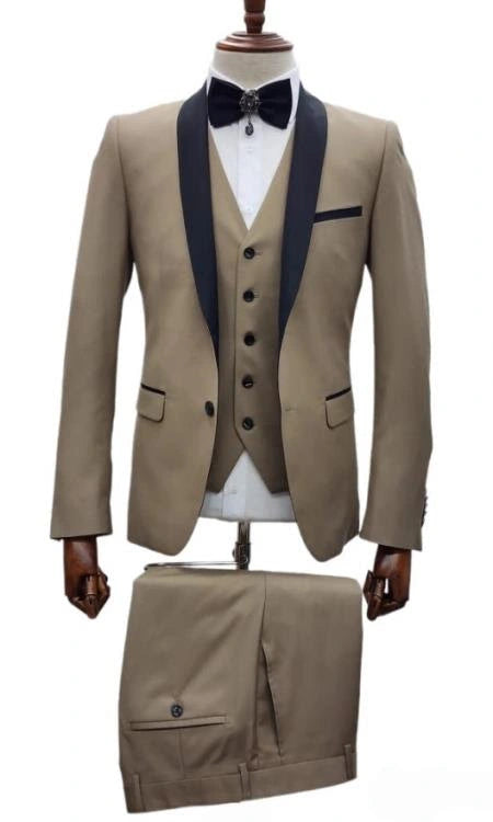 Men’s Western Cowboy Suit – 3-Piece Tan Tuxedo with Black Lapel, Vest, and Pants Beige  Color