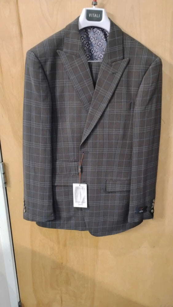 Vitali Men’s Brown Grey with Blue Check 3 Piece Suit – Classic Plaid Formal Suit Set with Blazer, Vest & Trousers, Business Wedding Party Wear for Men Slim Fit