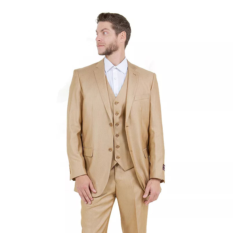 Men’s Camel Khaki Bronze Sharkskin 3-Piece Suit – Modern Wedding, Business and Formal Suit with Matching Vest
