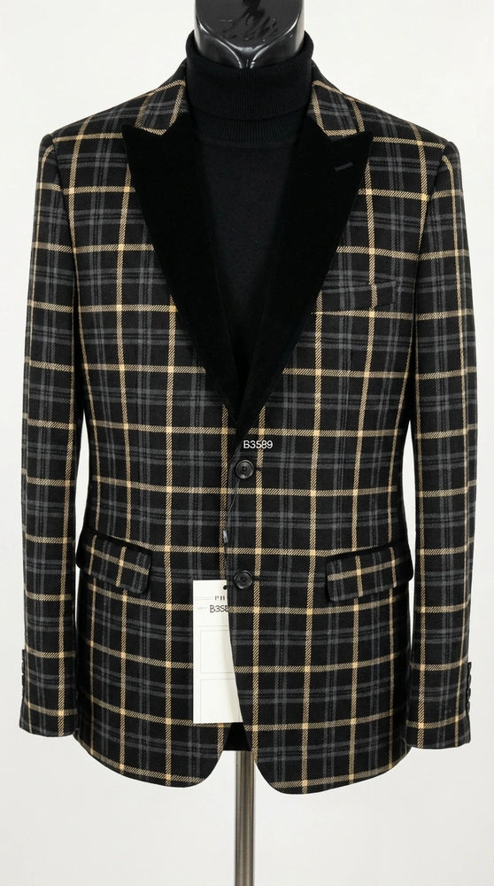 Mens Tartan Black and Gold Check Blazer – Windowpane Plaid Sport Coat Velvet Lapel Formal Party Jacket Chirsitmas New Year Holiday Jacket