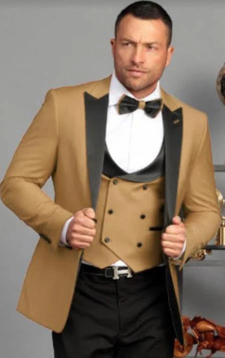 Men's Dark Camel Tan Khaki and Black Great Gatsby Tuxedo Suit – Vintage 1920s Formal Wedding, Party and Event Wear