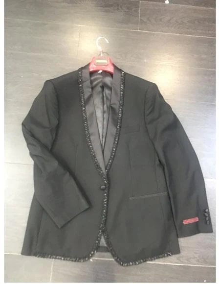 Mens Classic Black Designer Tuxedo Suit with Beaded Lapel – Elegant Formal and Party Wear Jacket and Pants