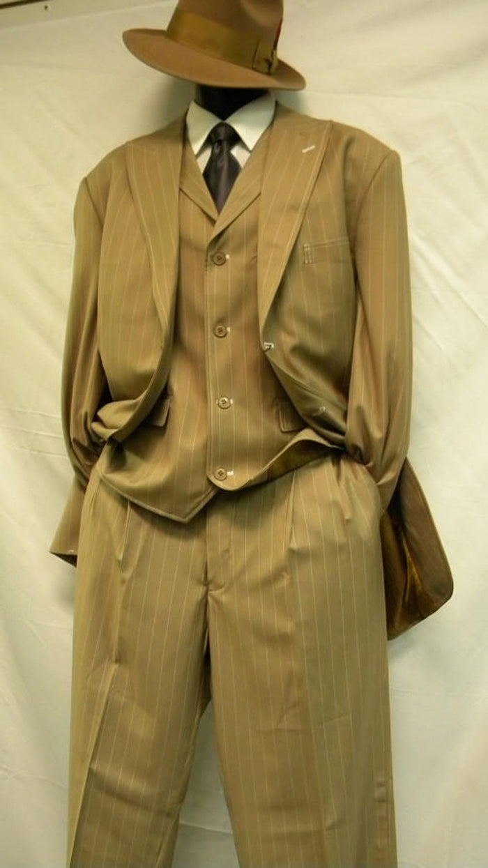 Mens Tan Pinstripe Zoot Suit – 1920s Gangster Vintage 3-Piece Suit with Wide-Leg Pants