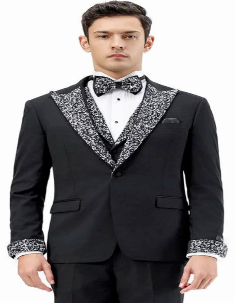 Mens Black and White Lapel Tuxedo Suit – Black Formal Tuxedo with White Pattern Lapel for Wedding, Prom and Evening Events