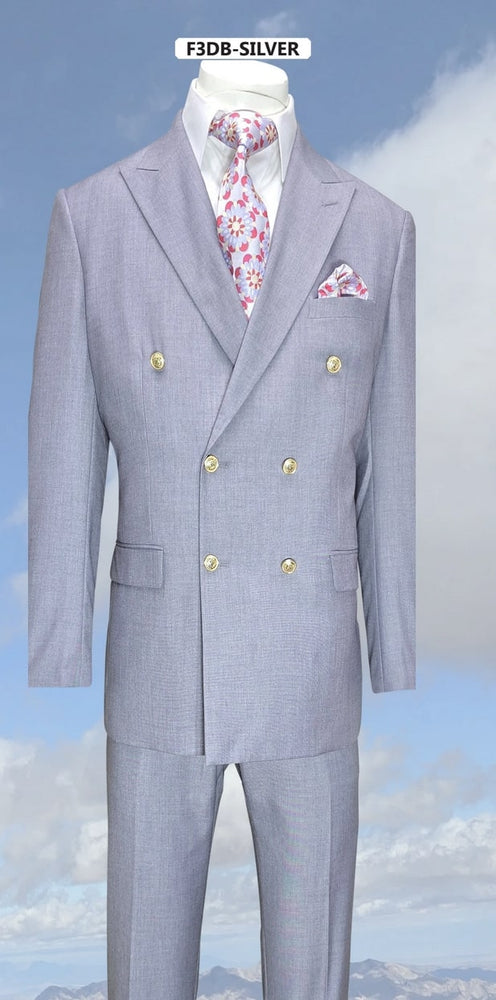 Mens Silver Grey Double-Breasted 3-Piece Suit – Classic Tailored Fit with Peak Lapel and Gold Buttons for Weddings, Church and Formal Events
