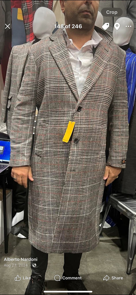 Men’s Full length  Long Plaid Overcoat – Classic Checkered Wool Blend Winter Coat in Gray Color Checkered