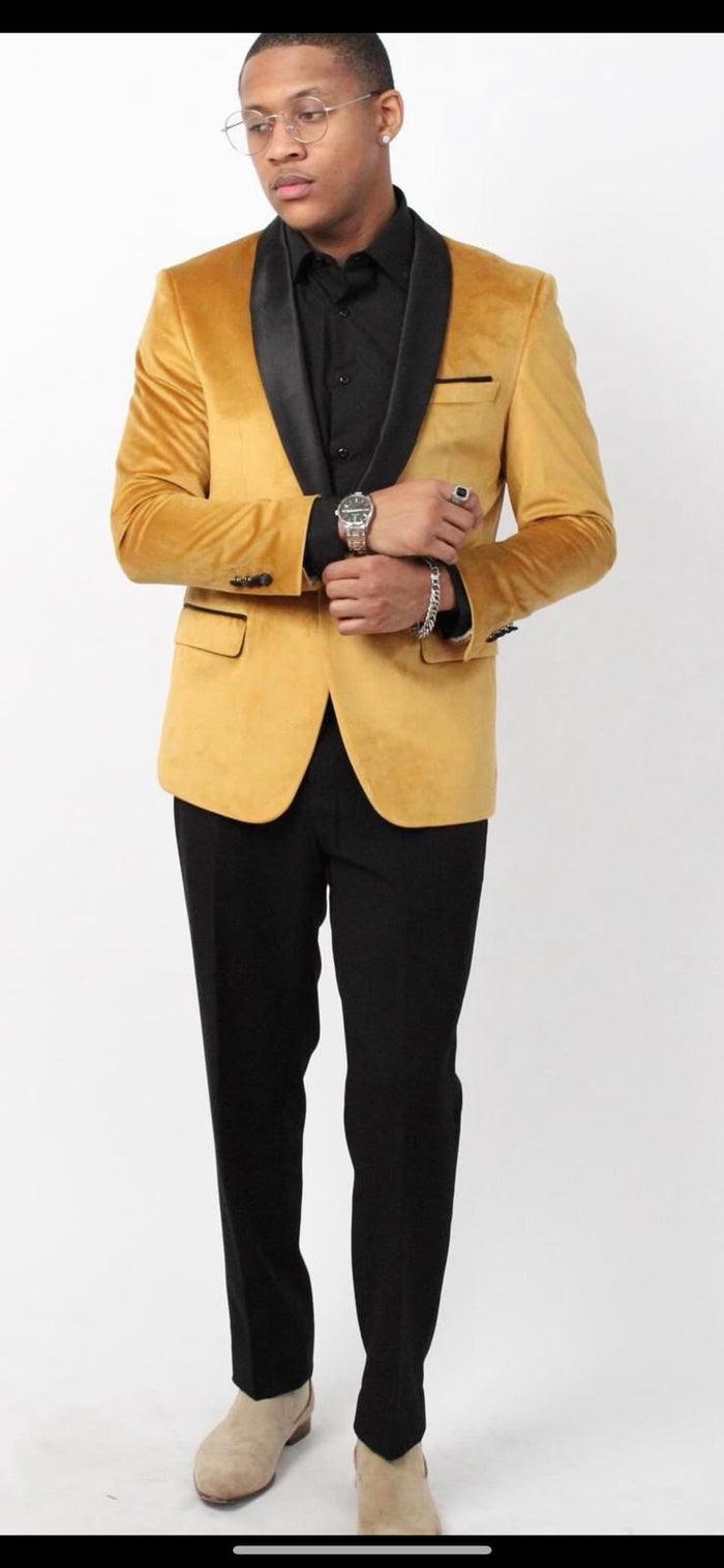 Men’s Mustard Gold Velvet Tuxedo Jacket – Slim Fit Dinner Blazer with Black Satin Shawl Lapel + Free Black Pants & Bowtie