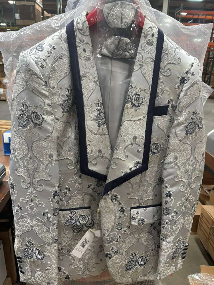 Men’s White and Navy Blue Lapel  Floral Jacquard Blazer with Contrast Shawl Lapel – Luxury Wedding and Party Wear Jacket paisley Tuxedo Navy Pants
