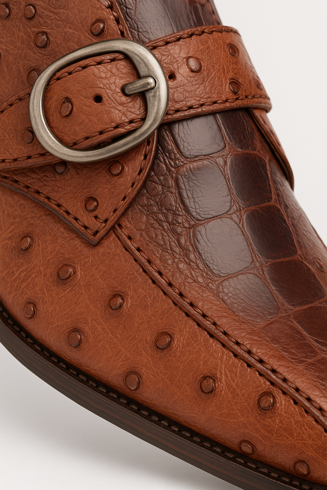 Mezlan Men's Genuine Full Quill Ostrich Leg Monk Brown  Strap Shoes