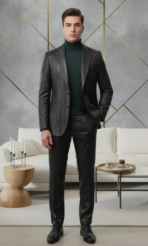 Mens Two Piece Slim Fit Suit One Button Notch Lapel Suit Black