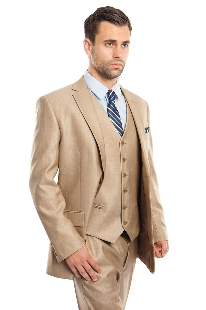 Men's Textured Sharkskin Business Suit in Stone Tan by Tazzio Suits