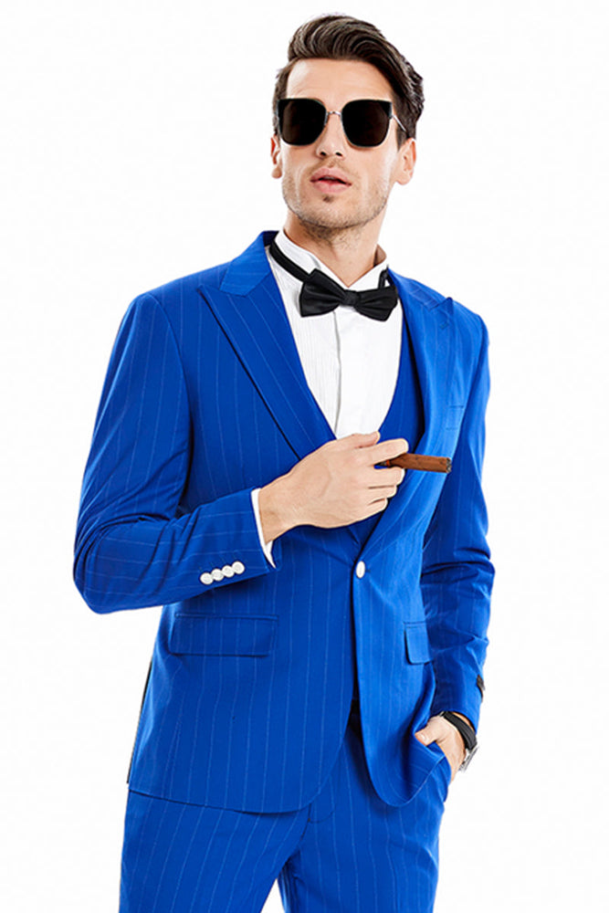 Men's Royal Blue Vested Pinstripe Suit by Tazzio Suits