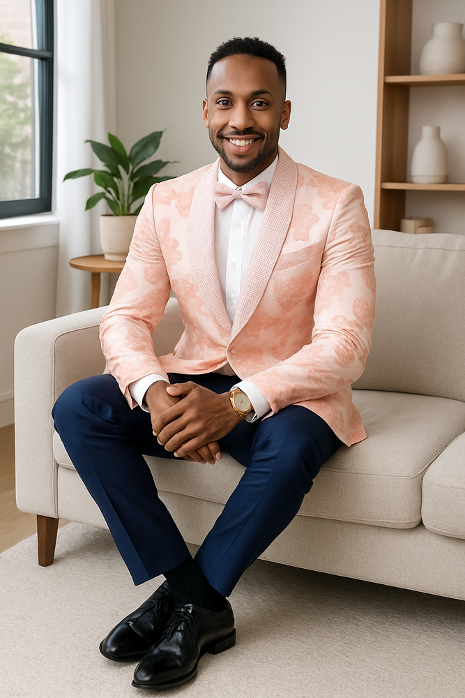 Mens Paisley Jeweled Shawl Prom 2025 Tuxedo in Blush Pink