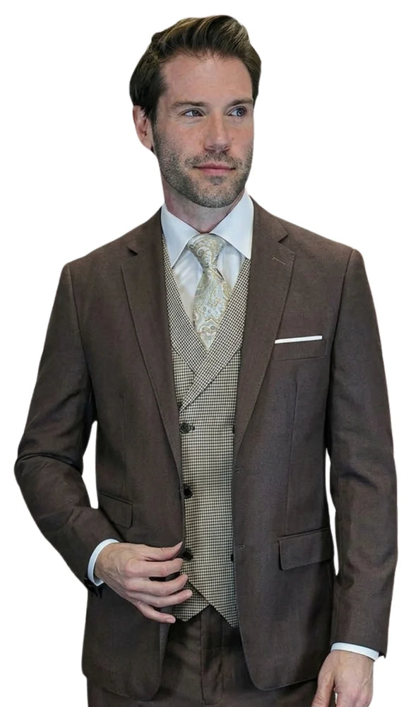 Mens Wool Suit With Houndstooth DB Vest in Color "Brown" Modern Fit By Statement 1920's Great Gatsby Vintage