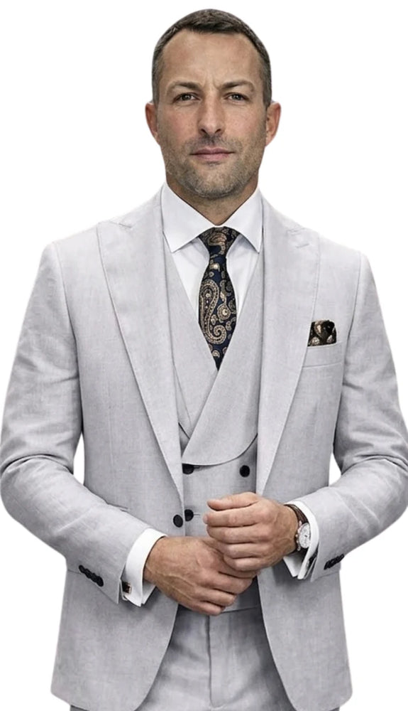 Mens Wool Suit - Ticket Pocket Big Lapel Single button Double breasted Vest By Statement in Color Grey