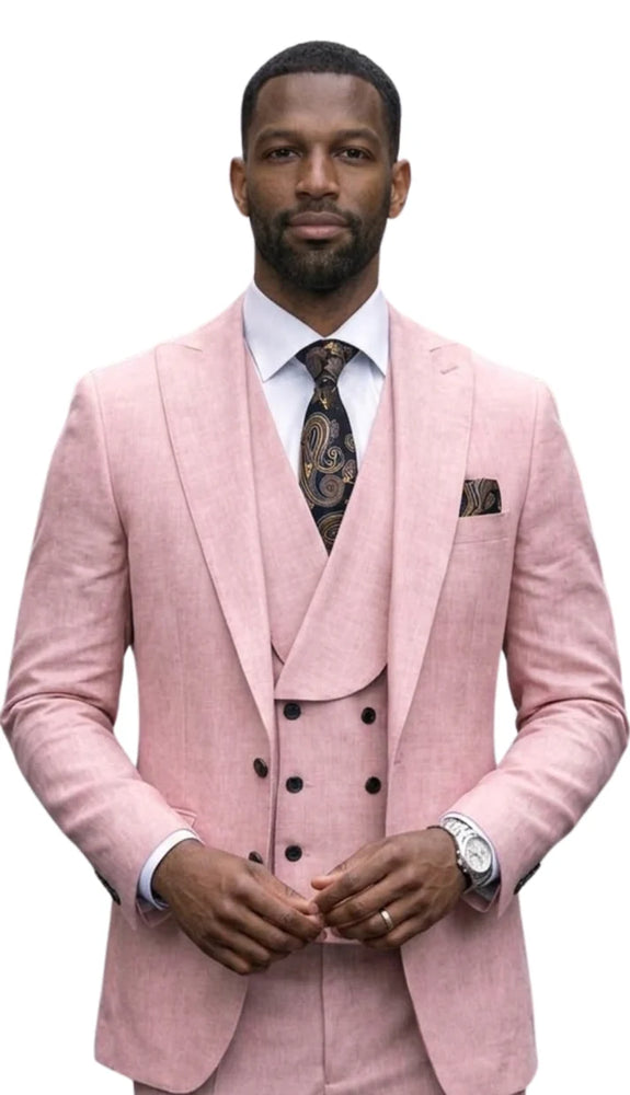 Mens Wool Suit - Ticket Pocket Big Lapel Single button Double breasted Vest By Statement in Color Mauve