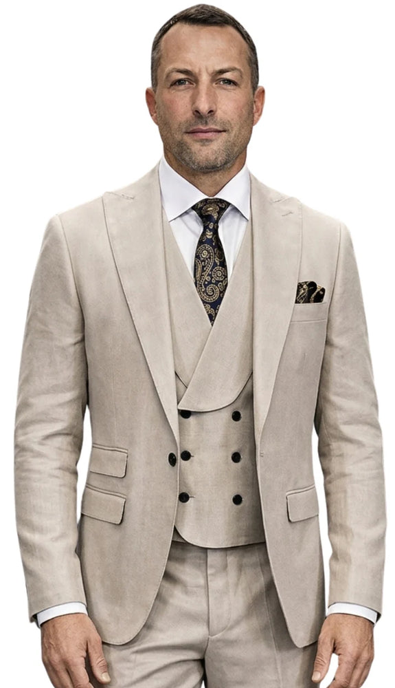Mens Wool Suit - Ticket Pocket Big Lapel Single button Double breasted Vest By Statement in Color Tan