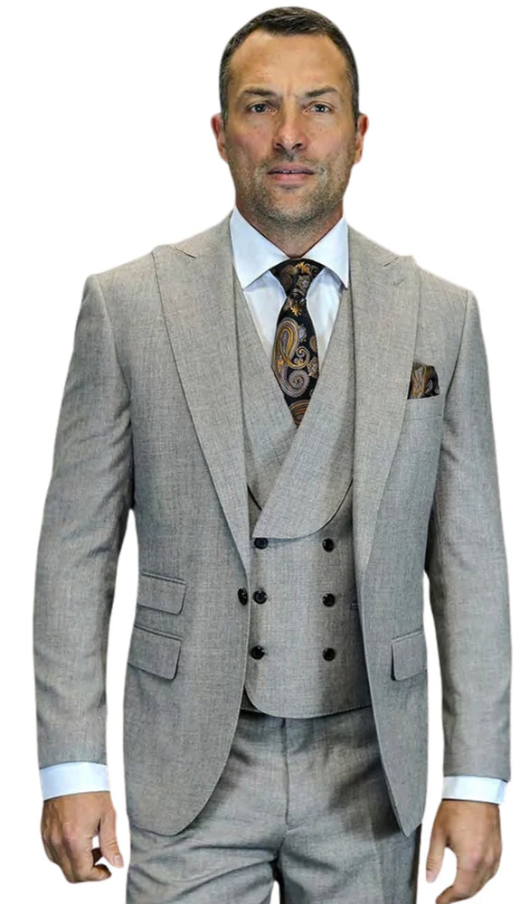 Mens Wool Suit - Ticket Pocket Big Lapel Single button Double breasted Vest By Statement in Color Taupe