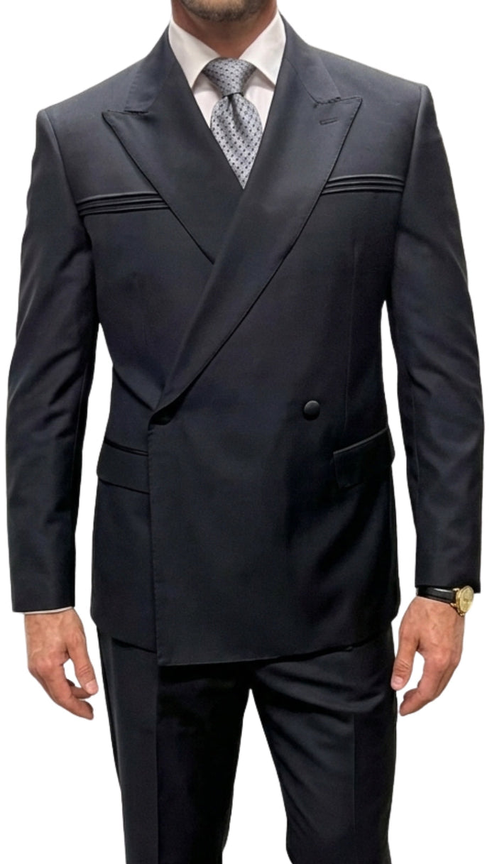 Statement SIENA Black Double Breasted Suit - 58 Long or 58 Regular Jacket+52/54 Adjustable Pants (Fabric: poly/rayon blend)
