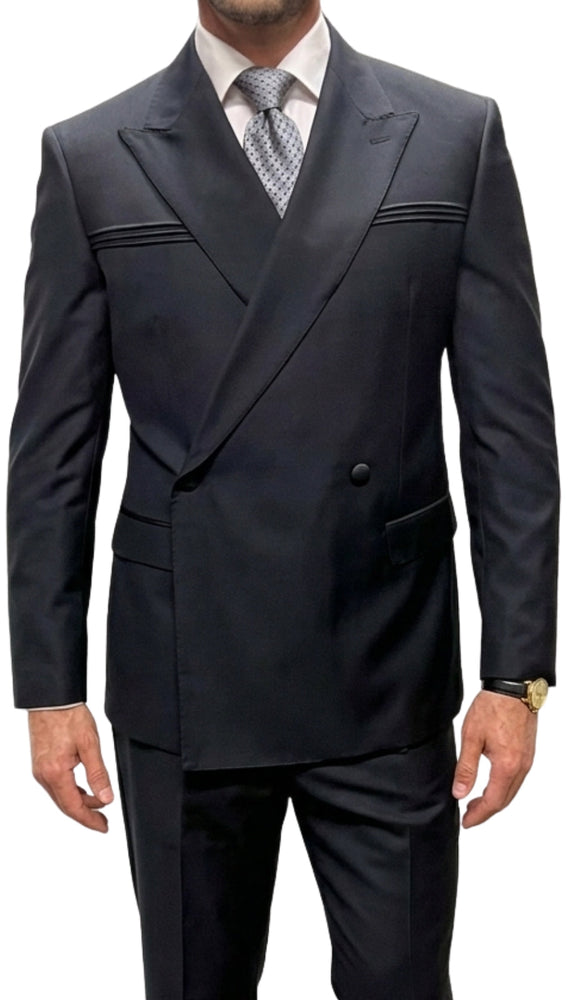 Statement SIENA Black Double Breasted Suit - 58 Long or 58 Regular Jacket+52/54 Adjustable Pants (Fabric: poly/rayon blend)