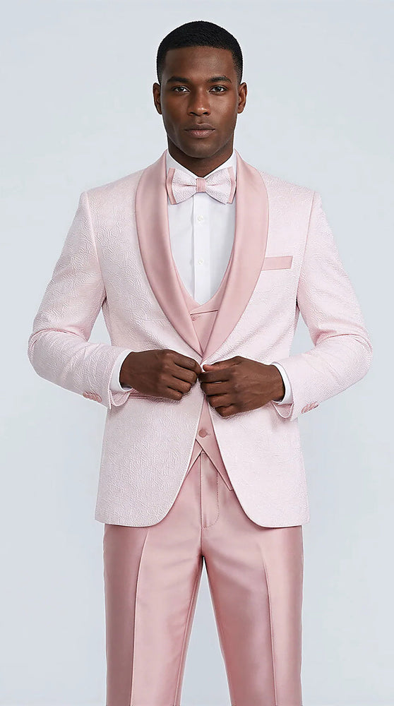 Pink Patterned Tuxedo Set with Shawl Lapel – Wedding & Prom