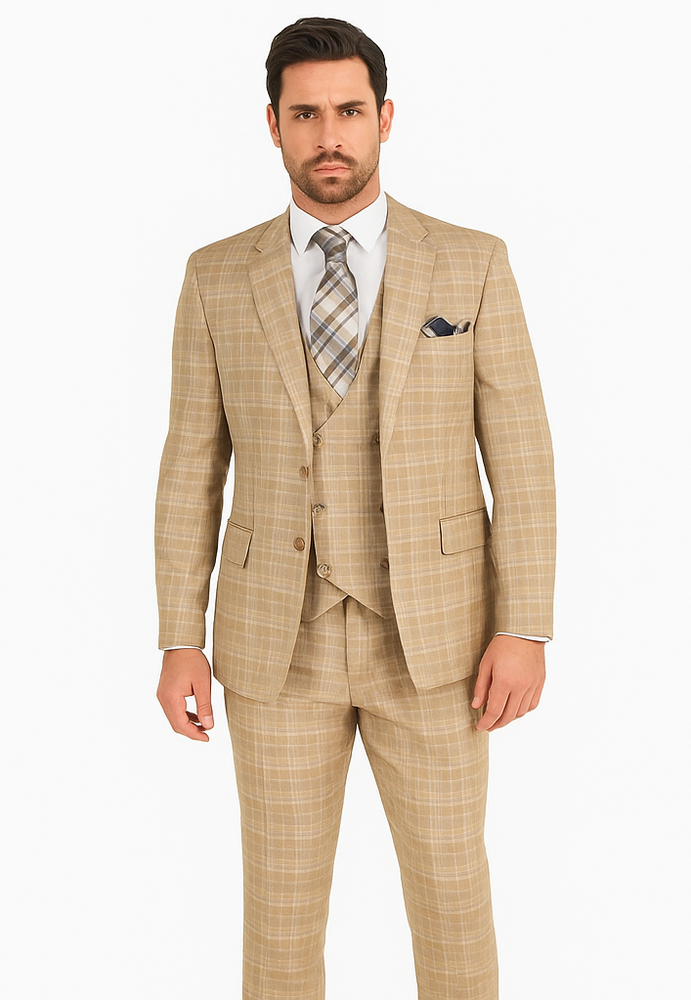Plaid Suit For Summer - Khaki Color Suit - Camel Suit With Double Breasted Vest in Dark Tan Color