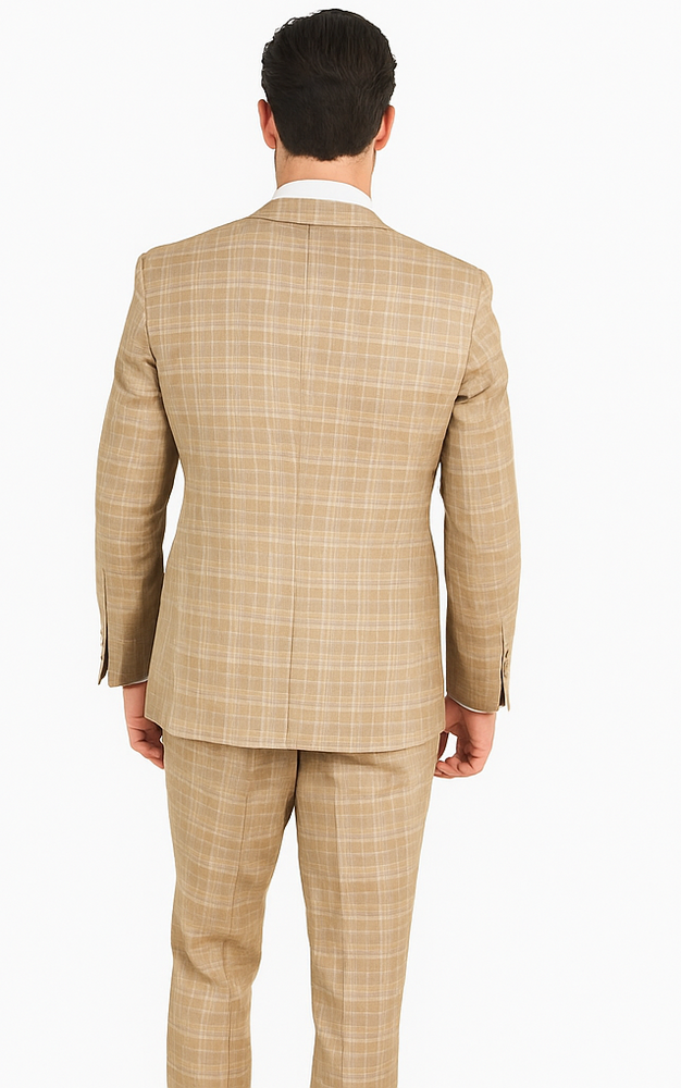 Plaid Suit For Summer - Khaki Color Suit - Camel Suit With Double Breasted Vest in Dark Tan Color