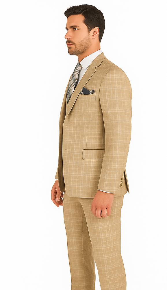 Plaid Suit For Summer - Khaki Color Suit - Camel Suit With Double Breasted Vest in Dark Tan Color