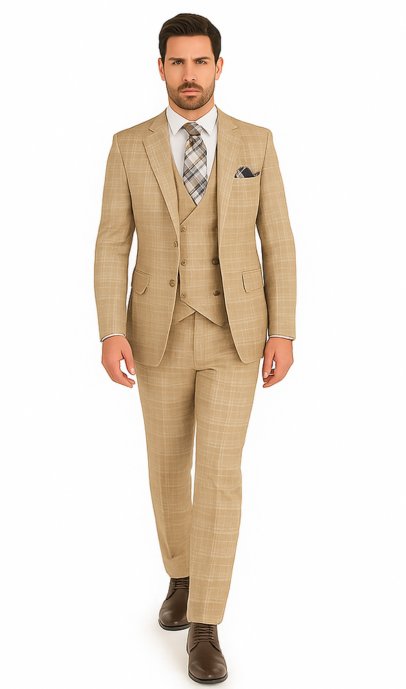 Plaid Suit For Summer - Khaki Color Suit - Camel Suit With Double Breasted Vest in Dark Tan Color