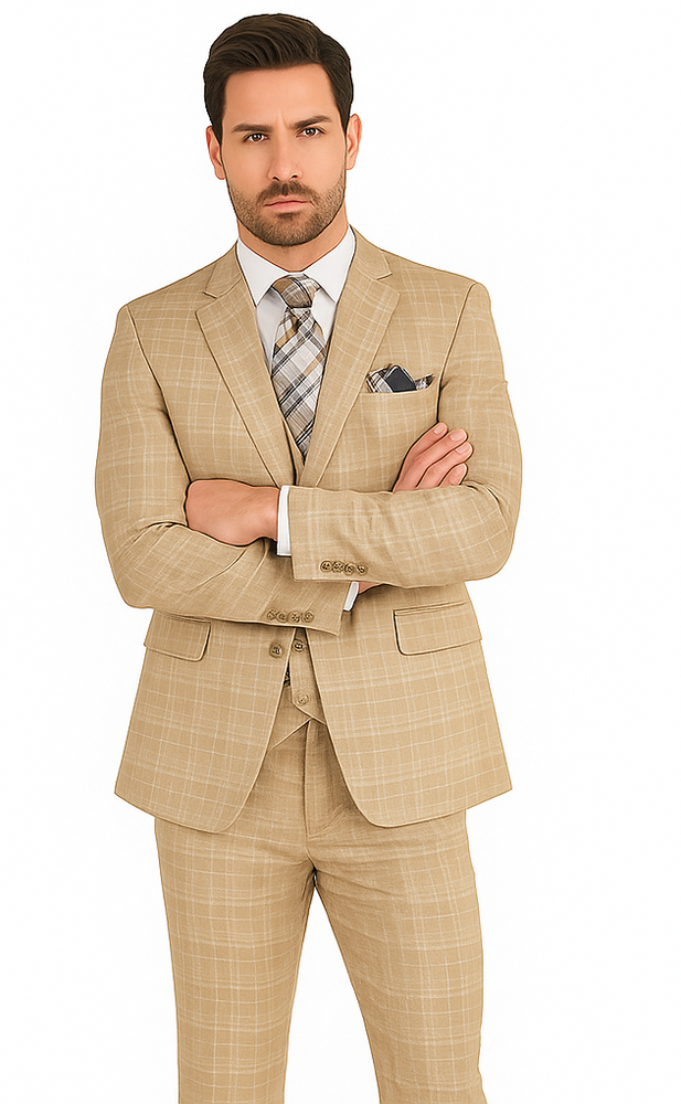 Plaid Suit For Summer - Khaki Color Suit - Camel Suit With Double Breasted Vest in Dark Tan Color