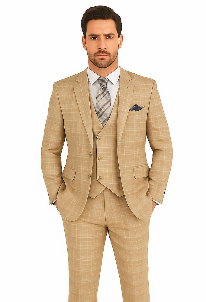 Plaid Suit For Summer - Khaki Color Suit - Camel Suit With Double Breasted Vest in Dark Tan Color