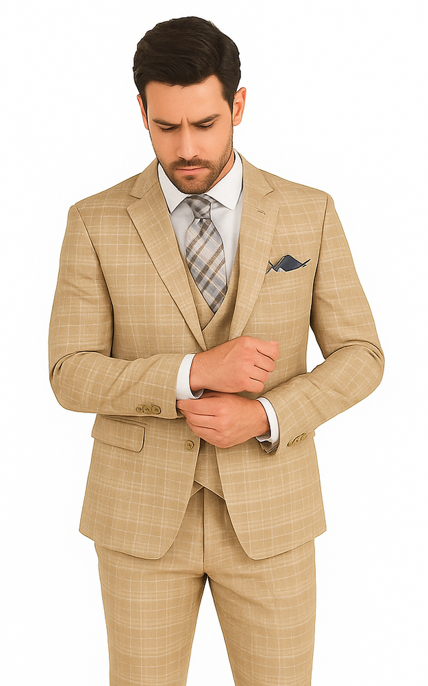 Plaid Suit For Summer - Khaki Color Suit - Camel Suit With Double Breasted Vest in Dark Tan Color