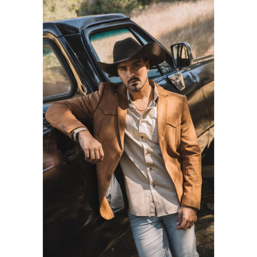Platini Camel Faux Suede Blazer – Double Button Style for Men