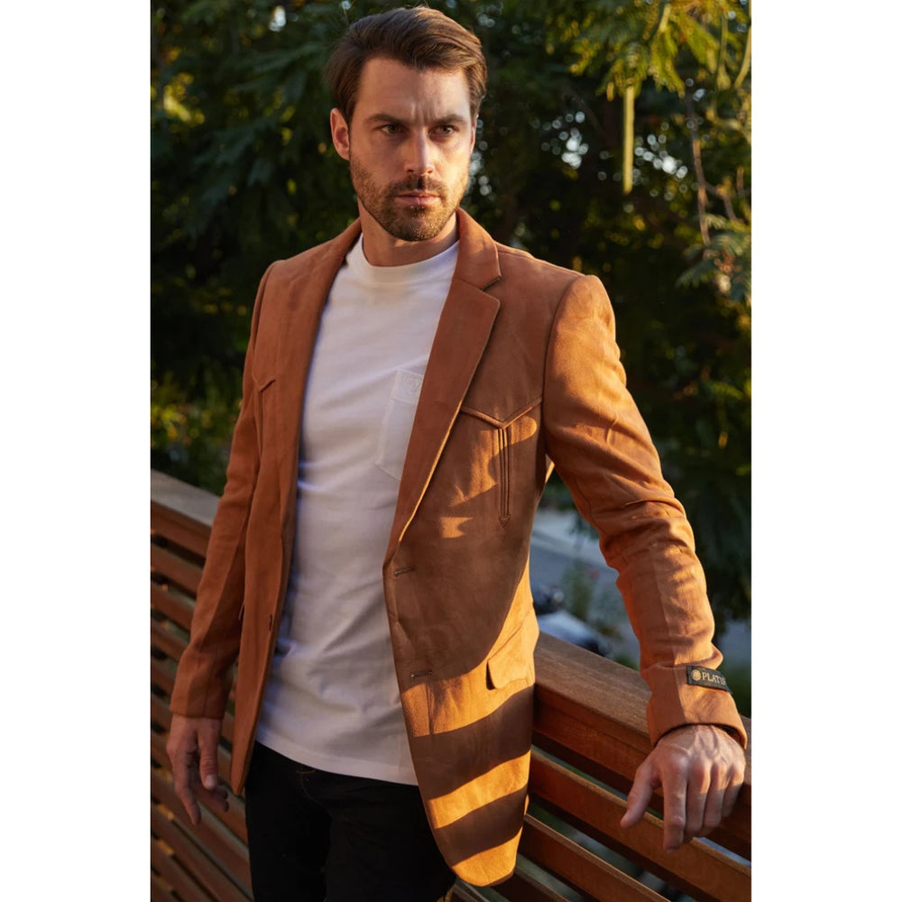 Platini Camel Faux Suede Blazer – Double Button Style for Men