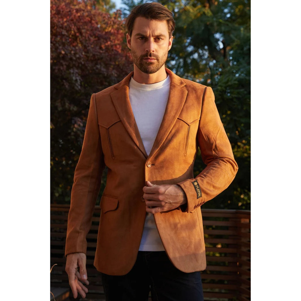 Platini Camel Faux Suede Blazer – Double Button Style for Men