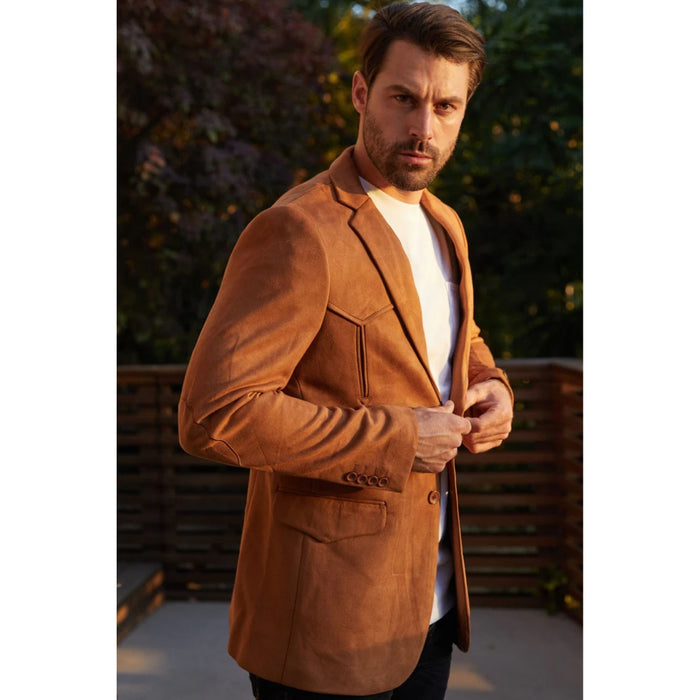 Platini Camel Faux Suede Blazer – Double Button Style for Men