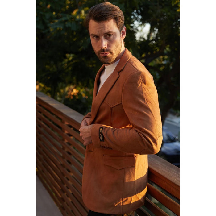 Platini Camel Faux Suede Blazer – Double Button Style for Men