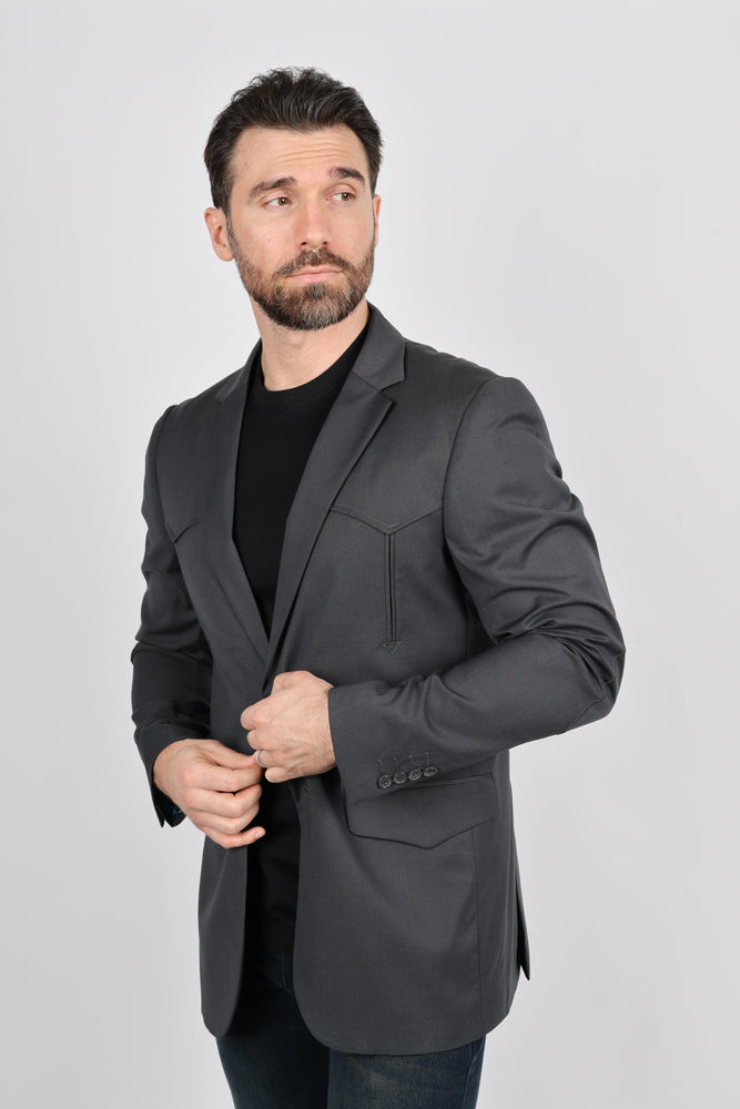 Platini Men’s Western Style Sport Coat with Elbow Patches – Charcoal Black