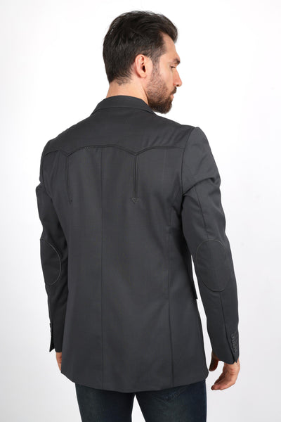 Platini Men’s Western Style Sport Coat with Elbow Patches – Charcoal Black