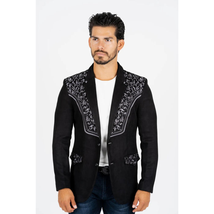 Platini Men’s Black Suede Blazer with Embroidered Detail