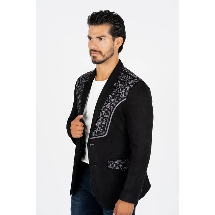 Platini Men’s Black Suede Blazer with Embroidered Detail