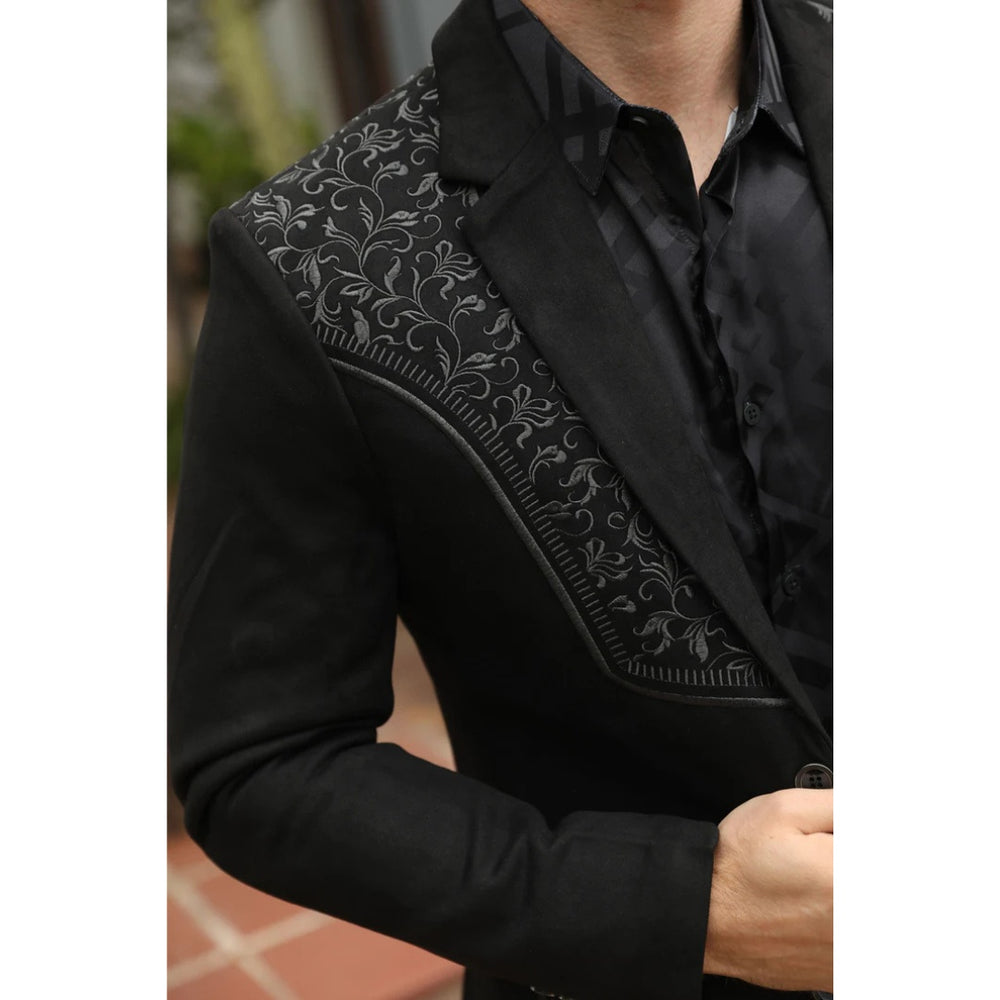 Platini Men’s Black Suede Blazer with Embroidered Detail
