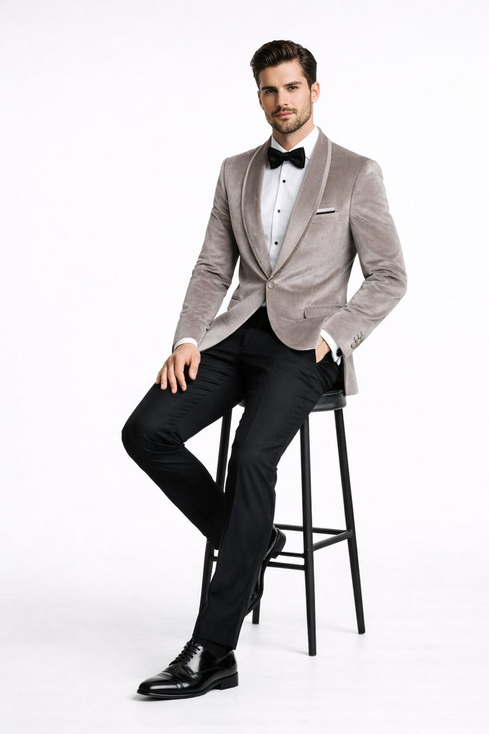 Men's Platinum Velvet Dinner Jacket with Satin Shawl Lapel | Formal Wedding Prom Blazer
